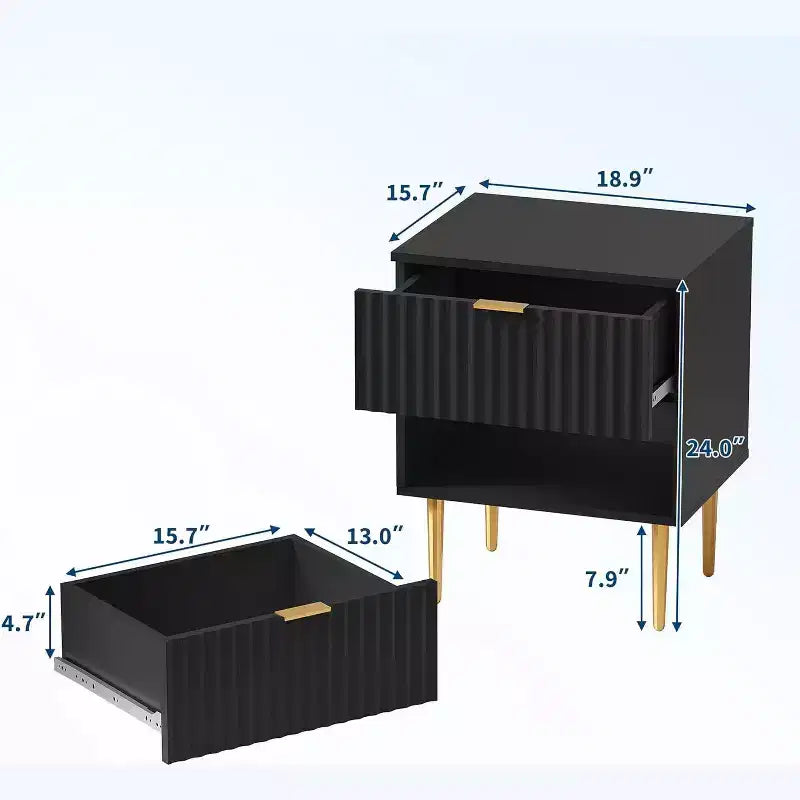 2ps Modern Fluted Nightstand with USB Ports & Outlets Charging Station & 2 Drawers,Small Side Table for Bedroom , Gold & Wood Bedside Table