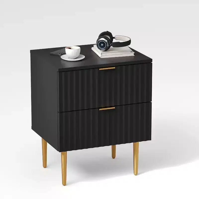 2ps Modern Fluted Nightstand with USB Ports & Outlets Charging Station & 2 Drawers,Small Side Table for Bedroom , Gold & Wood Bedside Table