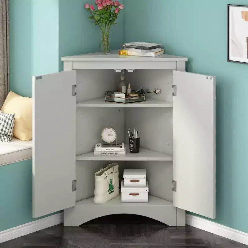 Okak 31.5 Inch Triangle Bathroom Storage Cabinet Floor Corner Cabinet with Doors and Shelves for Dining Room,Bathroom,Kitchen