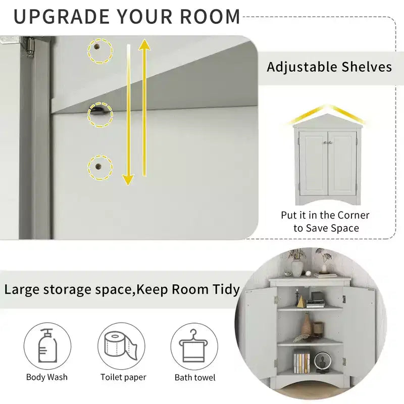 Okak 31.5 Inch Triangle Bathroom Storage Cabinet Floor Corner Cabinet with Doors and Shelves for Dining Room,Bathroom,Kitchen