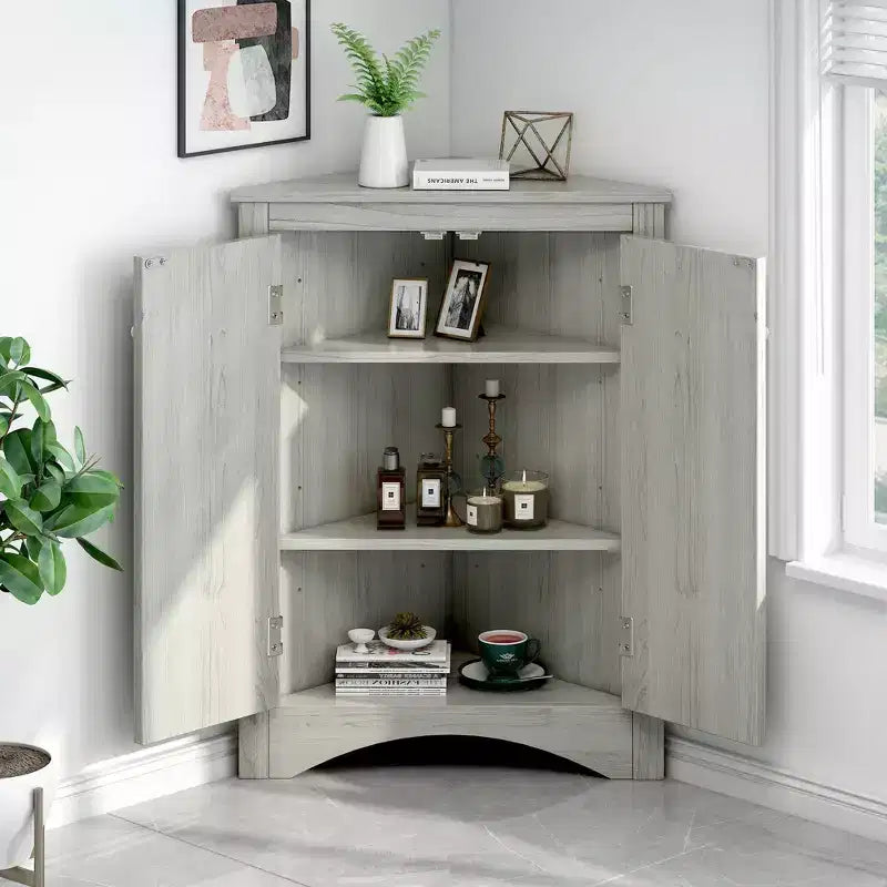 Okak 31.5 Inch Triangle Bathroom Storage Cabinet Floor Corner Cabinet with Doors and Shelves for Dining Room,Bathroom,Kitchen