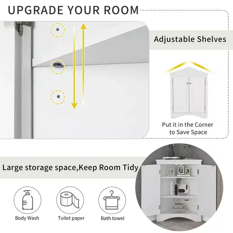 Okak 31.5 Inch Triangle Bathroom Storage Cabinet Floor Corner Cabinet with Doors and Shelves for Dining Room,Bathroom,Kitchen