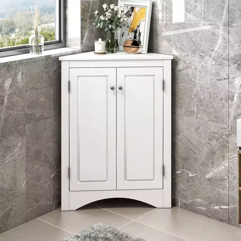 Okak 31.5 Inch Triangle Bathroom Storage Cabinet Floor Corner Cabinet with Doors and Shelves for Dining Room,Bathroom,Kitchen