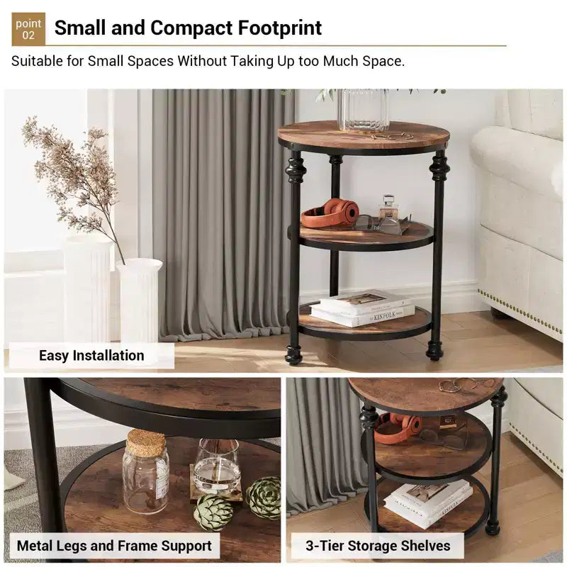 Three-tiered round side table, perfect for decorating compact living rooms. Features metal legs, suitable for bedrooms and living rooms.