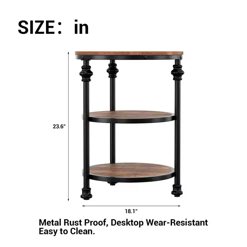 Three-tiered round side table, perfect for decorating compact living rooms. Features metal legs, suitable for bedrooms and living rooms.