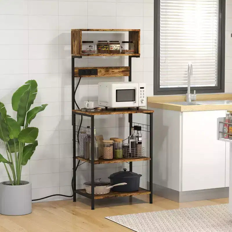 Kitchen Bakers Rack with Power Outlet, USB Charger, Microwave Stand Bar with Adjustable Shelves, 5 Hooks for Spices, Pots and Pans