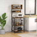 Kitchen Bakers Rack with Power Outlet, USB Charger, Microwave Stand Bar with Adjustable Shelves, 5 Hooks for Spices, Pots and Pans