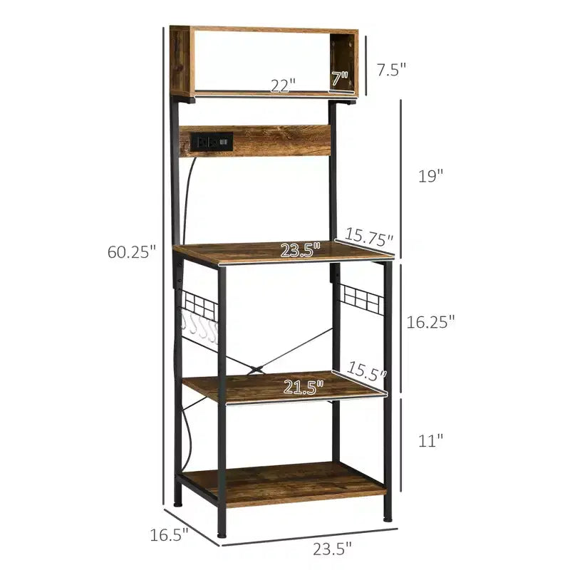 Kitchen Bakers Rack with Power Outlet, USB Charger, Microwave Stand Bar with Adjustable Shelves, 5 Hooks for Spices, Pots and Pans