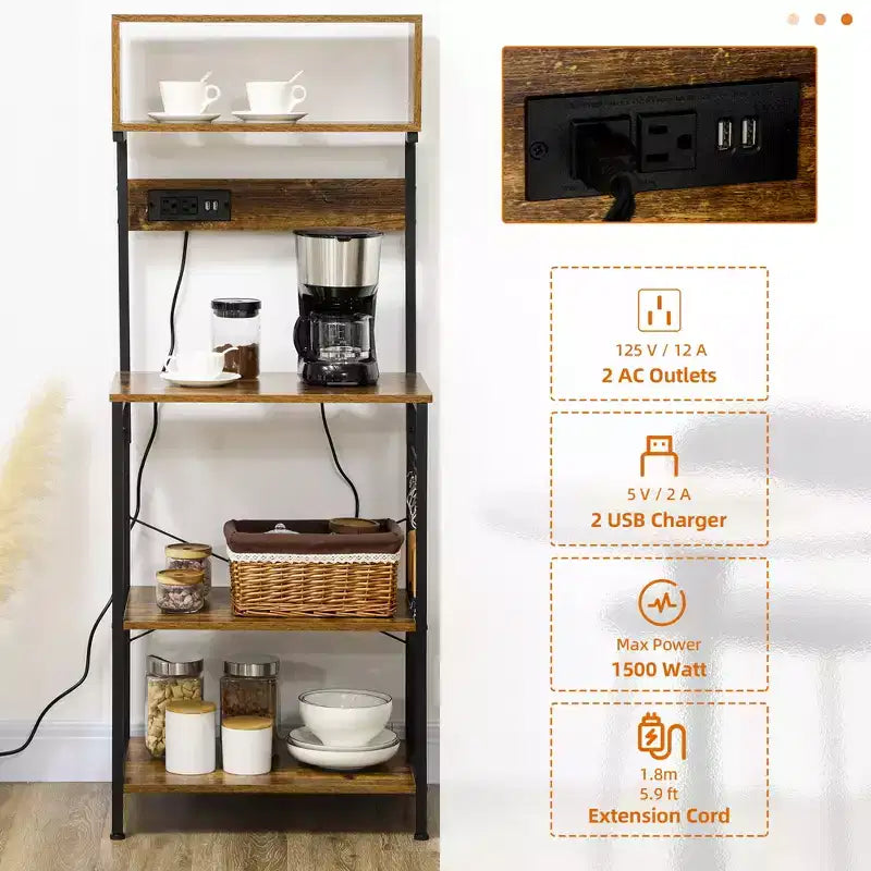 Kitchen Bakers Rack with Power Outlet, USB Charger, Microwave Stand Bar with Adjustable Shelves, 5 Hooks for Spices, Pots and Pans