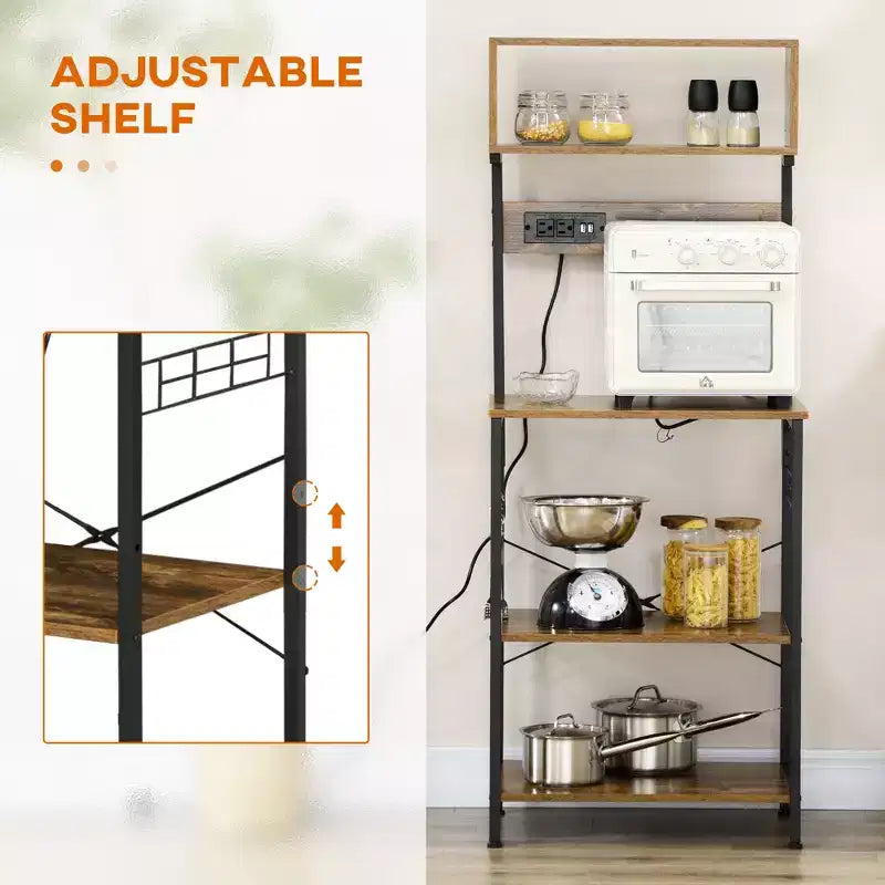 Kitchen Bakers Rack with Power Outlet, USB Charger, Microwave Stand Bar with Adjustable Shelves, 5 Hooks for Spices, Pots and Pans