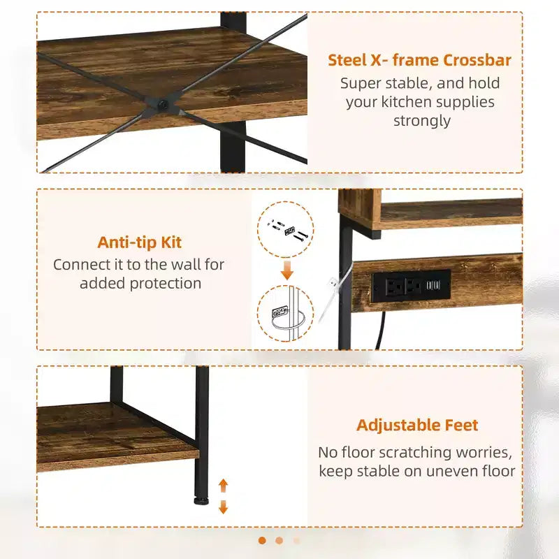 Kitchen Bakers Rack with Power Outlet, USB Charger, Microwave Stand Bar with Adjustable Shelves, 5 Hooks for Spices, Pots and Pans