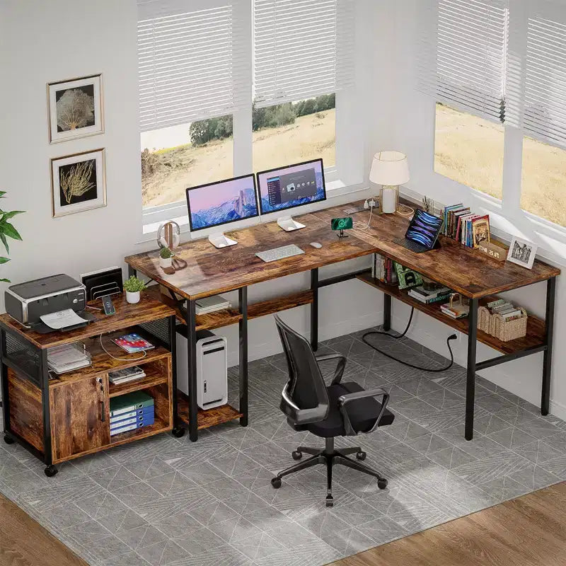 Besiost 47'' L Shaped Desk with Storage, Power Outlet, USB Ports, Reversible Computer Desk