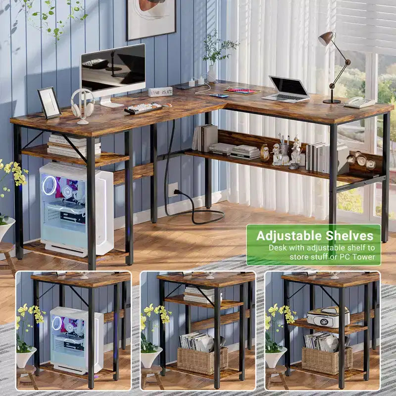 Besiost 47'' L Shaped Desk with Storage, Power Outlet, USB Ports, Reversible Computer Desk