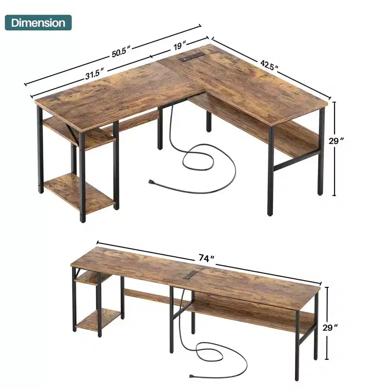Besiost 47'' L Shaped Desk with Storage, Power Outlet, USB Ports, Reversible Computer Desk