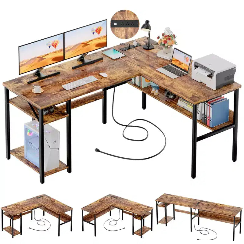 Besiost 47'' L Shaped Desk with Storage, Power Outlet, USB Ports, Reversible Computer Desk