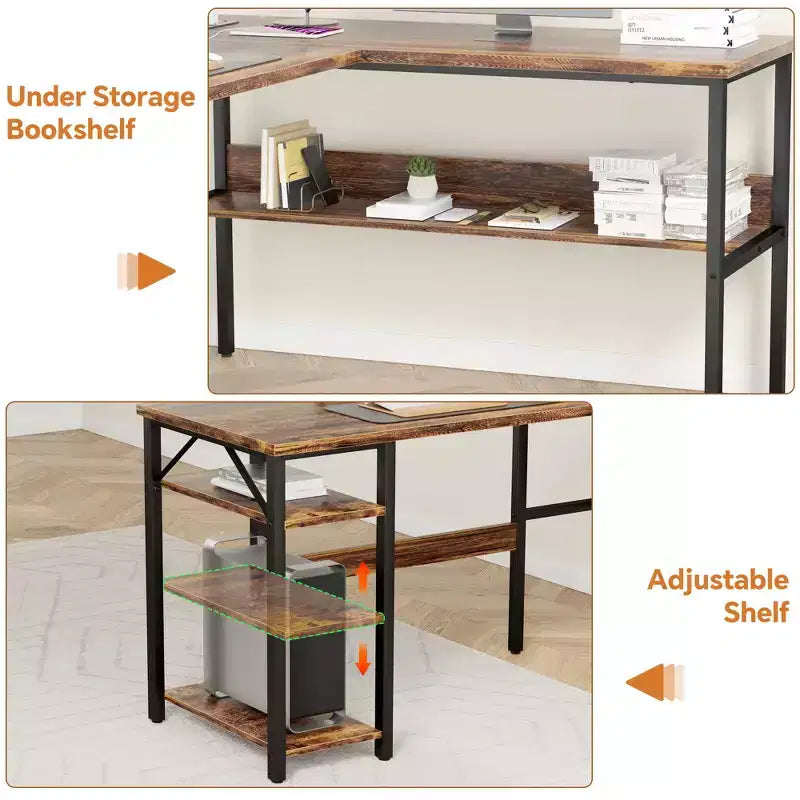 Besiost 47'' L Shaped Desk with Storage, Power Outlet, USB Ports, Reversible Computer Desk