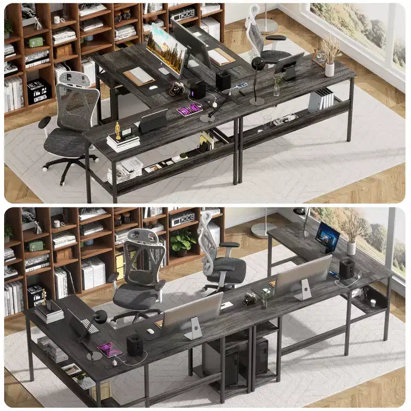 Besiost 47'' L Shaped Desk with Storage, Power Outlet, USB Ports, Reversible Computer Desk