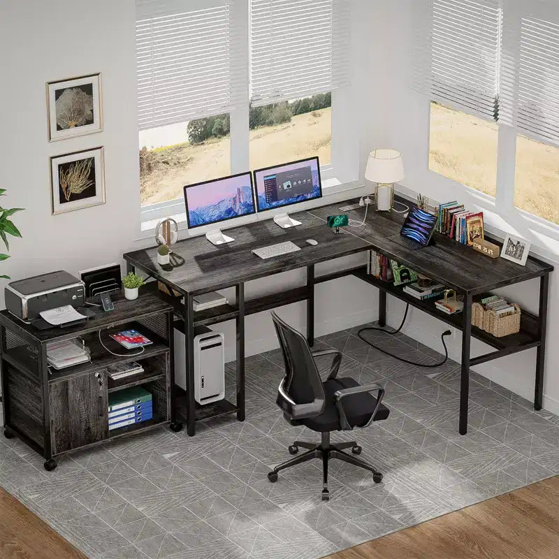 Besiost 47'' L Shaped Desk with Storage, Power Outlet, USB Ports, Reversible Computer Desk