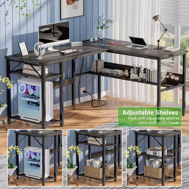 Besiost 47'' L Shaped Desk with Storage, Power Outlet, USB Ports, Reversible Computer Desk