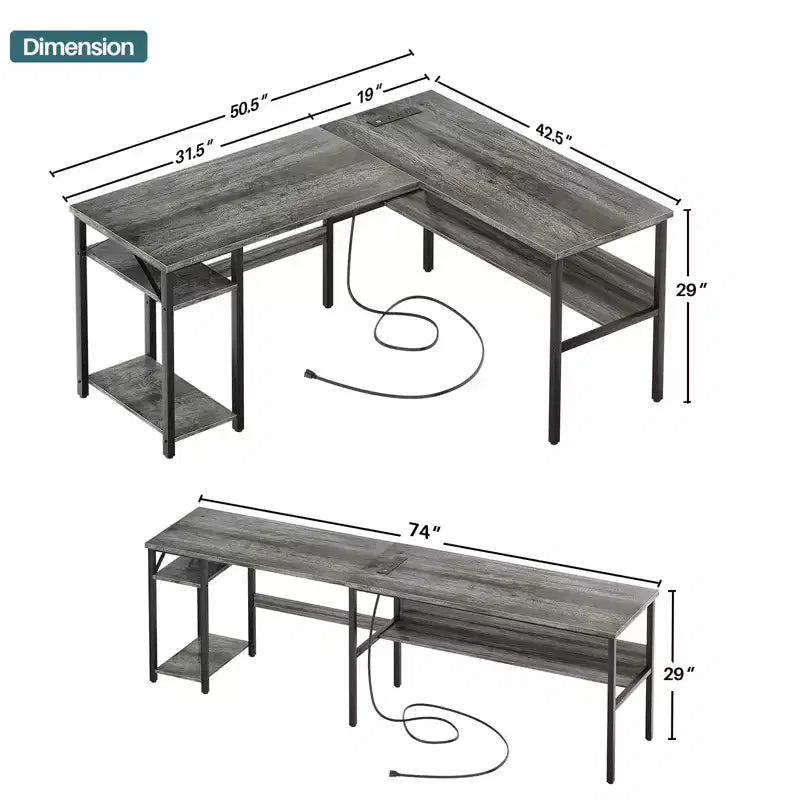 Besiost 47'' L Shaped Desk with Storage, Power Outlet, USB Ports, Reversible Computer Desk