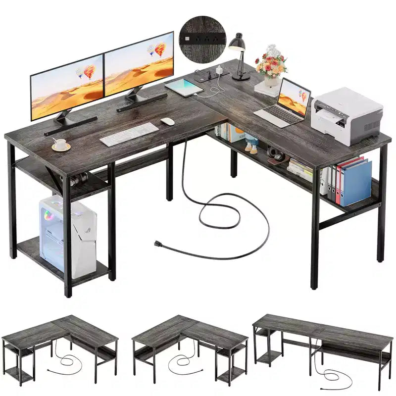 Besiost 47'' L Shaped Desk with Storage, Power Outlet, USB Ports, Reversible Computer Desk