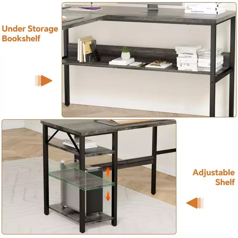 Besiost 47'' L Shaped Desk with Storage, Power Outlet, USB Ports, Reversible Computer Desk