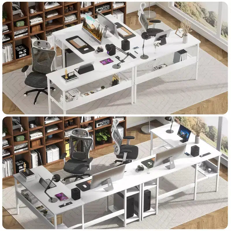 Besiost 47'' L Shaped Desk with Storage, Power Outlet, USB Ports, Reversible Computer Desk