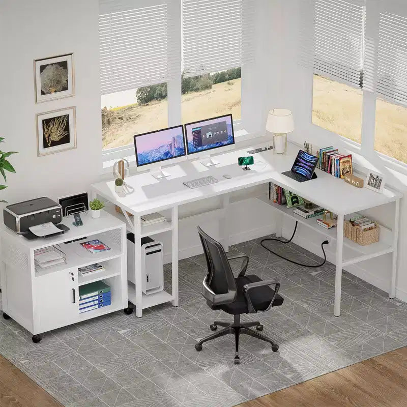 Besiost 47'' L Shaped Desk with Storage, Power Outlet, USB Ports, Reversible Computer Desk