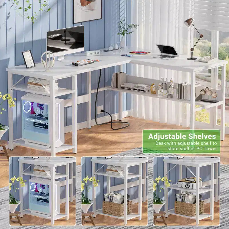 Besiost 47'' L Shaped Desk with Storage, Power Outlet, USB Ports, Reversible Computer Desk