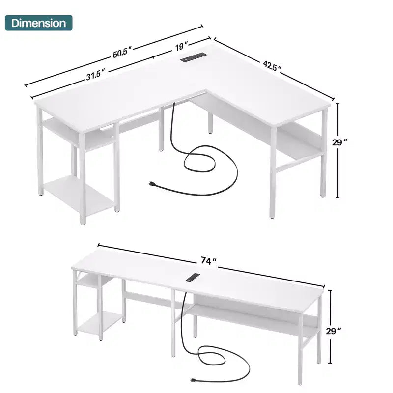 Besiost 47'' L Shaped Desk with Storage, Power Outlet, USB Ports, Reversible Computer Desk