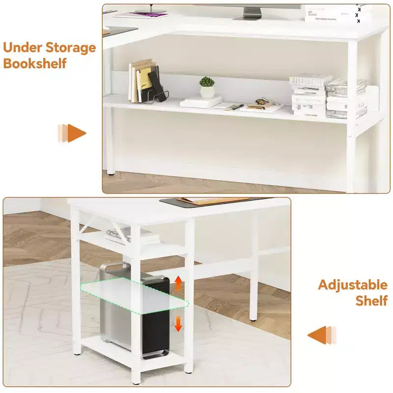 Besiost 47'' L Shaped Desk with Storage, Power Outlet, USB Ports, Reversible Computer Desk