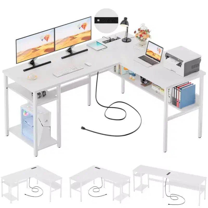 Besiost 47'' L Shaped Desk with Storage, Power Outlet, USB Ports, Reversible Computer Desk