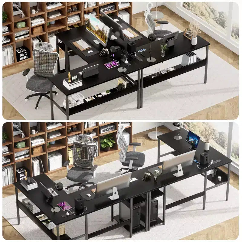 Besiost 47'' L Shaped Desk with Storage, Power Outlet, USB Ports, Reversible Computer Desk