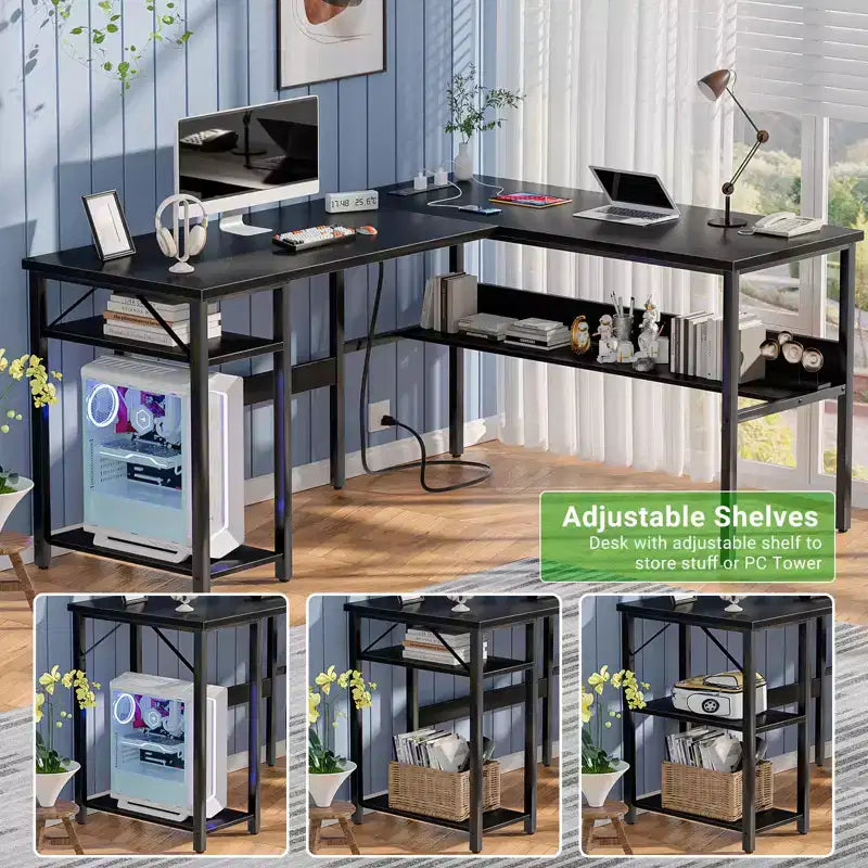 Besiost 47'' L Shaped Desk with Storage, Power Outlet, USB Ports, Reversible Computer Desk