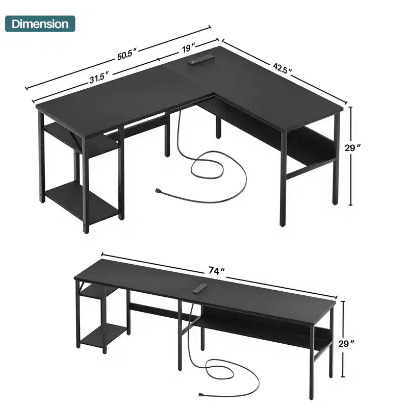 Besiost 47'' L Shaped Desk with Storage, Power Outlet, USB Ports, Reversible Computer Desk
