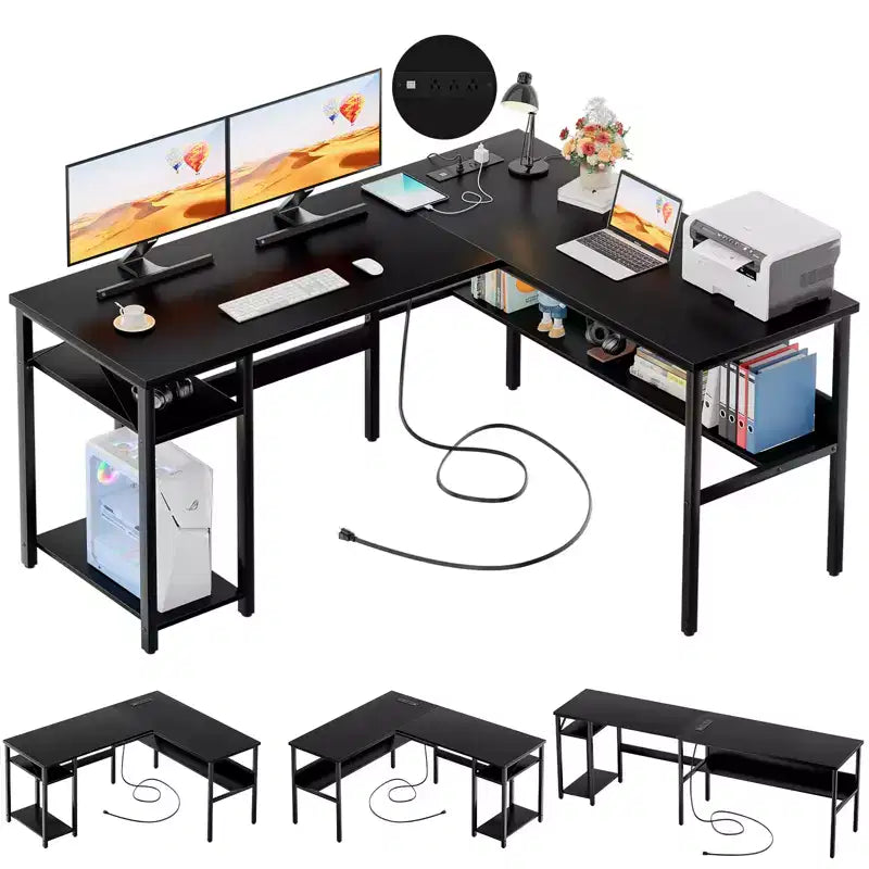 Besiost 47'' L Shaped Desk with Storage, Power Outlet, USB Ports, Reversible Computer Desk
