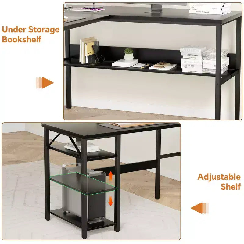 Besiost 47'' L Shaped Desk with Storage, Power Outlet, USB Ports, Reversible Computer Desk