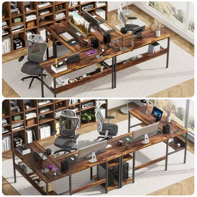 Besiost 47'' L Shaped Desk with Storage, Power Outlet, USB Ports, Reversible Computer Desk