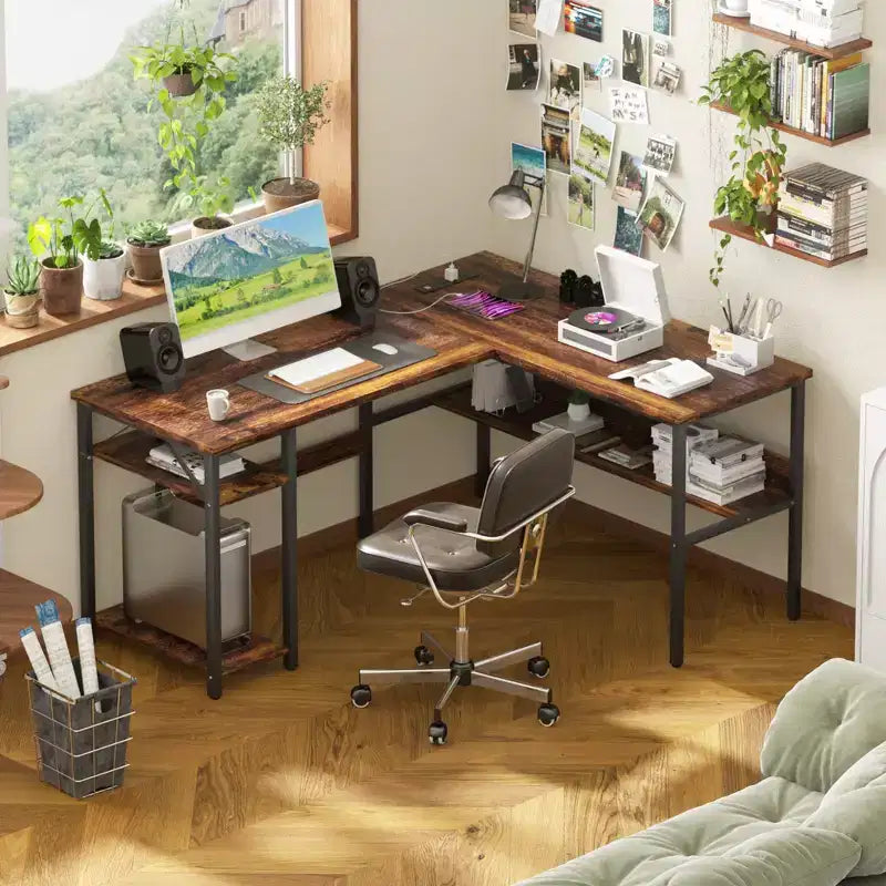 Besiost 47'' L Shaped Desk with Storage, Power Outlet, USB Ports, Reversible Computer Desk