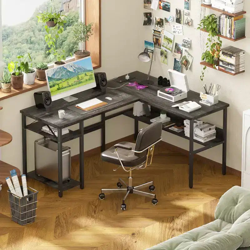 Besiost 47'' L Shaped Desk with Storage, Power Outlet, USB Ports, Reversible Computer Desk
