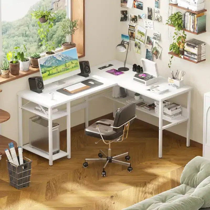Besiost 47'' L Shaped Desk with Storage, Power Outlet, USB Ports, Reversible Computer Desk