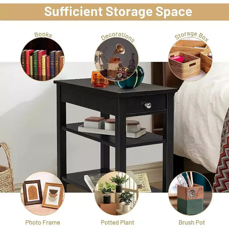 Costway 2PCS 3-Tier End Table Sofa Side Table Nightstand w/ Shelf & Drawer