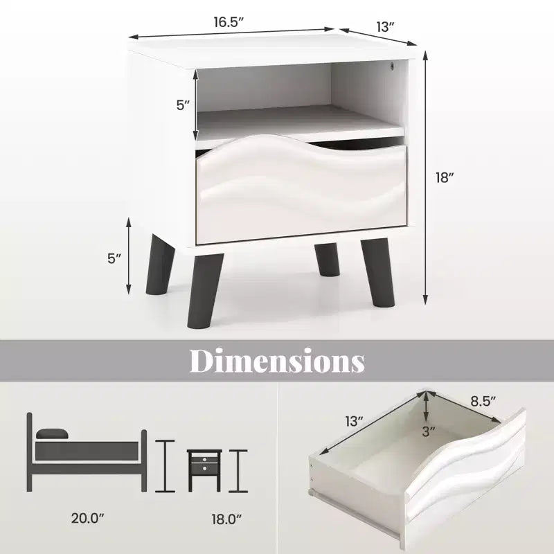 Costway Nightstand w/ Drawer 3D Wavy Pattern & Open Shelf Small Sofa Couch Side Table