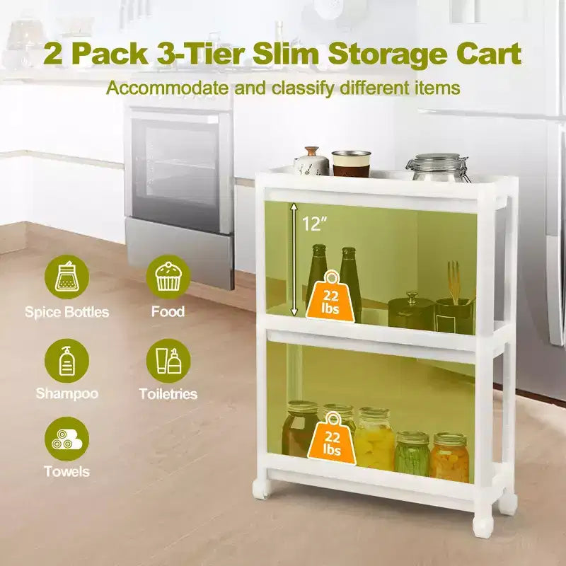 Costway 2PCS 3 Tier Slim Storage Cart Detachable Kitchen Organizer Rolling Utility Cart