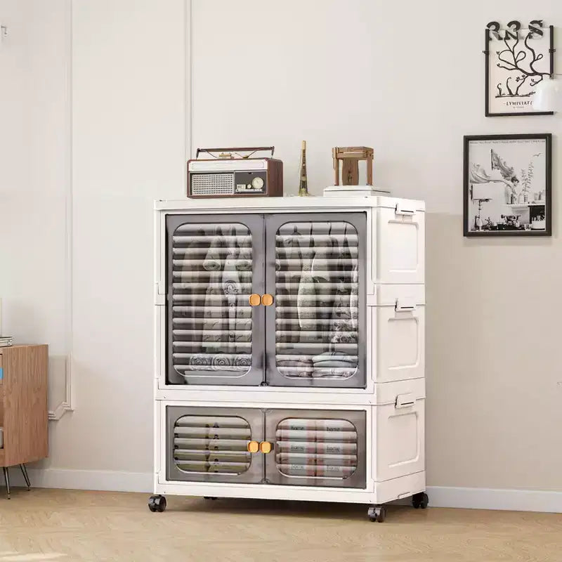 COZONY 2-Tier Storage Organizer with Doors, Foldable Cabinet with Bins for Nursery, Living Room & Pet Supplies