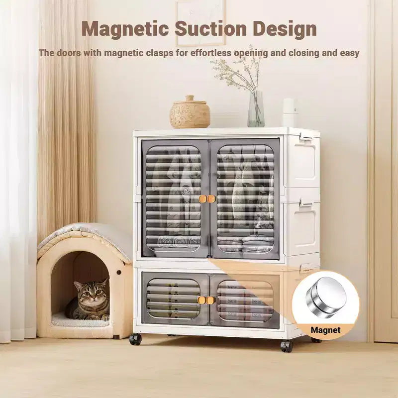COZONY 2-Tier Storage Organizer with Doors, Foldable Cabinet with Bins for Nursery, Living Room & Pet Supplies