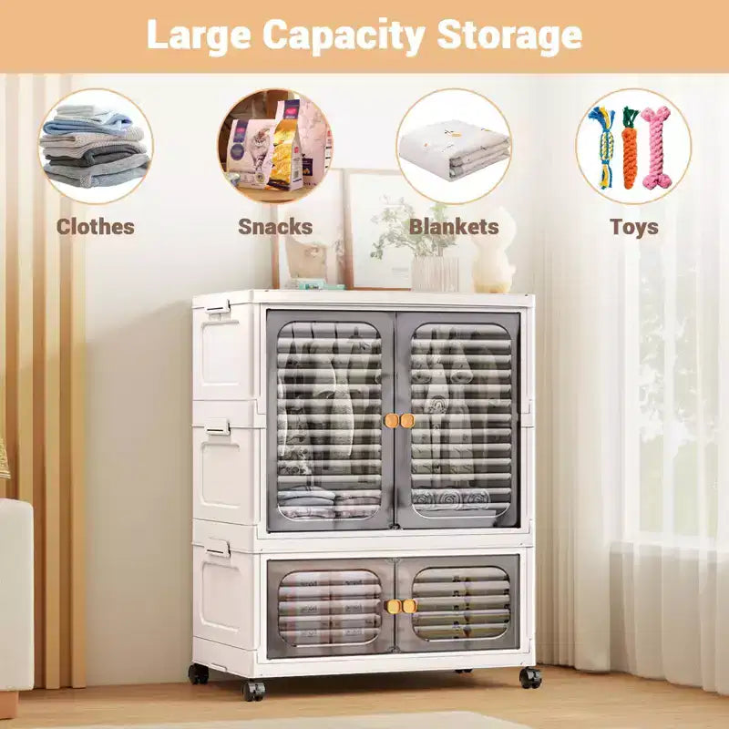 COZONY 2-Tier Storage Organizer with Doors, Foldable Cabinet with Bins for Nursery, Living Room & Pet Supplies