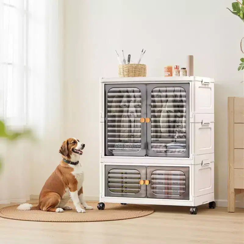 COZONY 2-Tier Storage Organizer with Doors, Foldable Cabinet with Bins for Nursery, Living Room & Pet Supplies