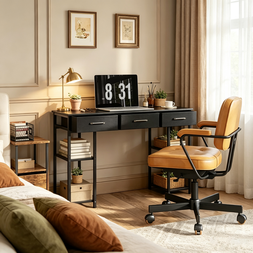 Petit bureau d'ordinateur, bureau avec tiroirs en tissu