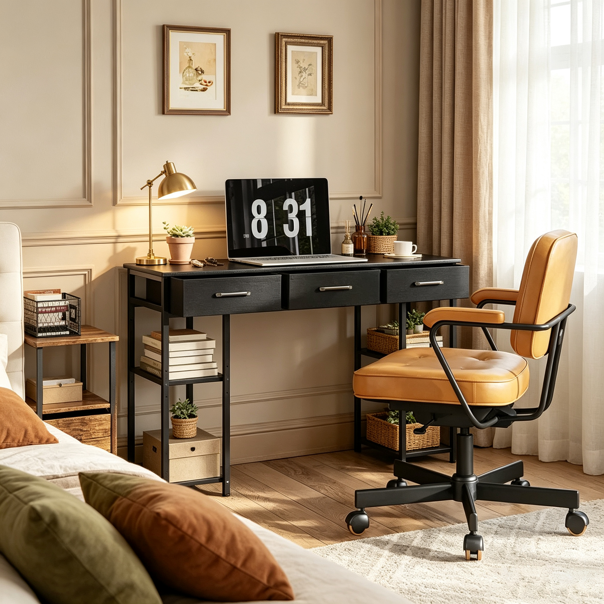 Petit bureau d'ordinateur, bureau avec tiroirs en tissu